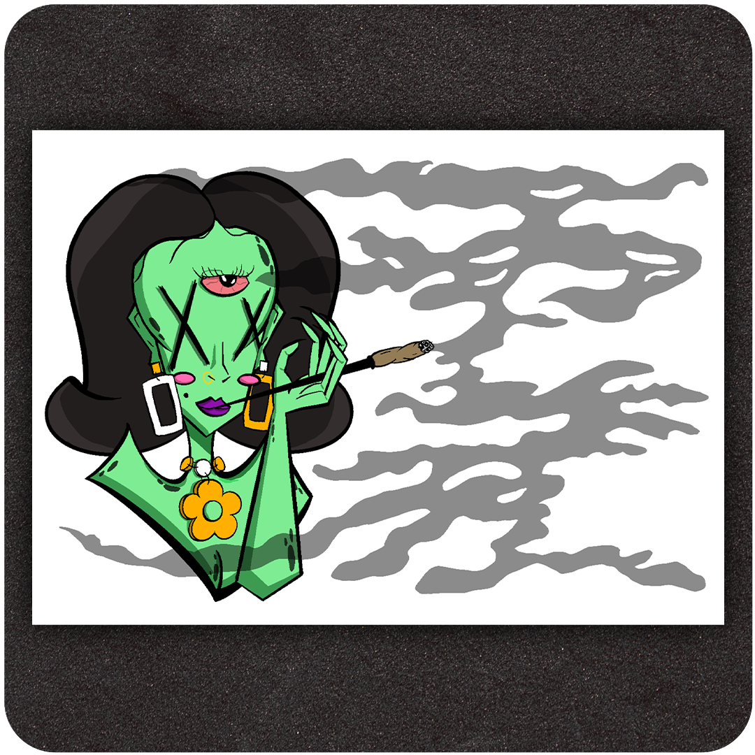 A bold, cartoon-style art print featuring a green-skinned, three-eyed woman with large black hair, dramatic makeup, and X-ed out eyes. She wears oversized geometric earrings and a flower necklace while holding a lit joint. Wisps of gray smoke swirl across the background, adding a surreal, psychedelic vibe.