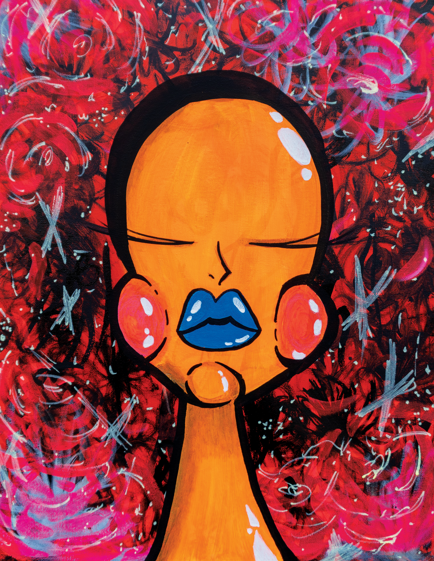 The Casual Covert Original Blacklight Babe (2024). It is a painting of a orange woman with blue lips and pink cheeks against a loud graffiti / scribbled background with black, red, and neon yellow. This painting also glows in black light.