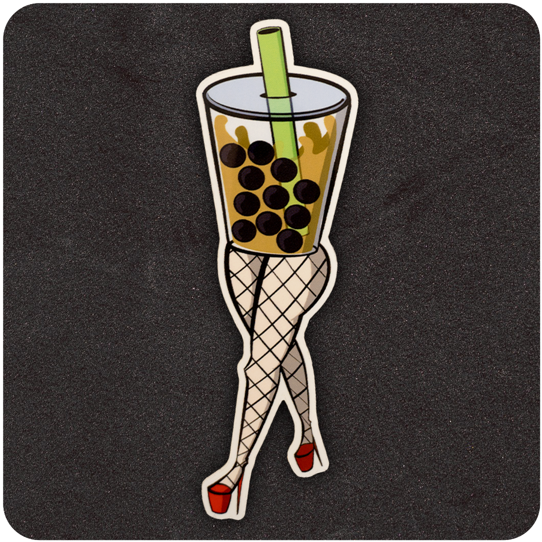 A vinyl sticker depicting a playful illustration of a cup of boba tea with a large green straw and brown tapioca pearls. The cup is anthropomorphized with curvy legs wearing fishnet stockings and red high heels, striking a flirty pose. The background is a dark, textured black surface.