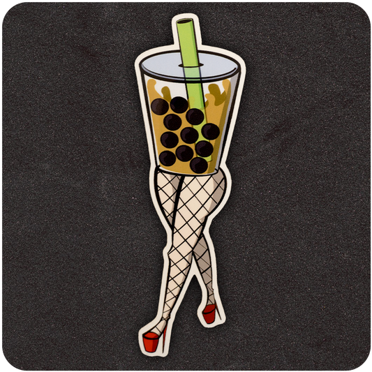 A vinyl sticker depicting a playful illustration of a cup of boba tea with a large green straw and brown tapioca pearls. The cup is anthropomorphized with curvy legs wearing fishnet stockings and red high heels, striking a flirty pose. The background is a dark, textured black surface.