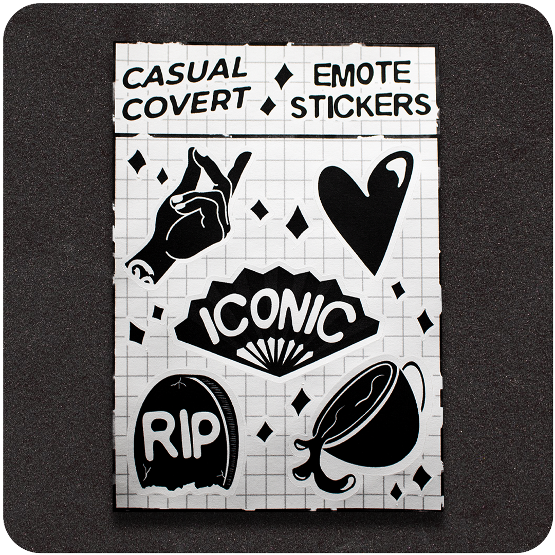 A black-and-white sticker sheet titled "Casual Covert Emote Stickers" displayed on a grid background. The sheet includes six graphic emotes: a snapping hand, a dripping heart, a fan labeled "ICONIC," a tombstone with "RIP," a cup spilling liquid, and scattered diamond shapes.