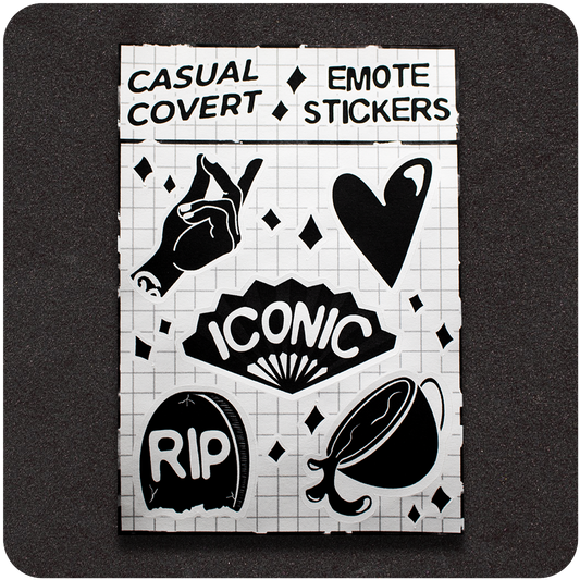 A black-and-white sticker sheet titled "Casual Covert Emote Stickers" displayed on a grid background. The sheet includes six graphic emotes: a snapping hand, a dripping heart, a fan labeled "ICONIC," a tombstone with "RIP," a cup spilling liquid, and scattered diamond shapes.