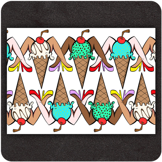 Colorful art print featuring a repeating pattern of stylized ice cream cones with human legs in high heels, designed to resemble pin-up girls. The scoops are topped with whipped cream, sprinkles, and cherries, each cone showcasing different skin tones, ice cream flavors, and shoe colors. Displayed against a white background with a dark textured mat underneath.