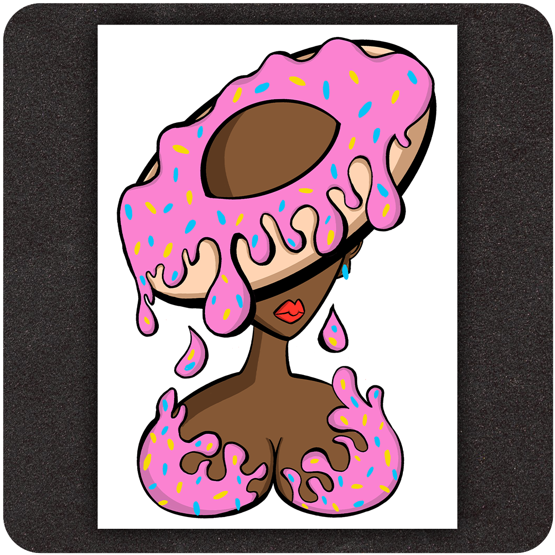 Art print featuring a stylized woman with a large pink frosted doughnut as a hat, dripping icing and colorful sprinkles. The figure has brown skin, red lips, and matching doughnut-inspired frosting over the chest area, set against a plain white background.