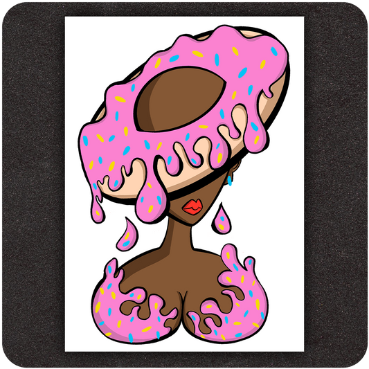 Art print featuring a stylized woman with a large pink frosted doughnut as a hat, dripping icing and colorful sprinkles. The figure has brown skin, red lips, and matching doughnut-inspired frosting over the chest area, set against a plain white background.