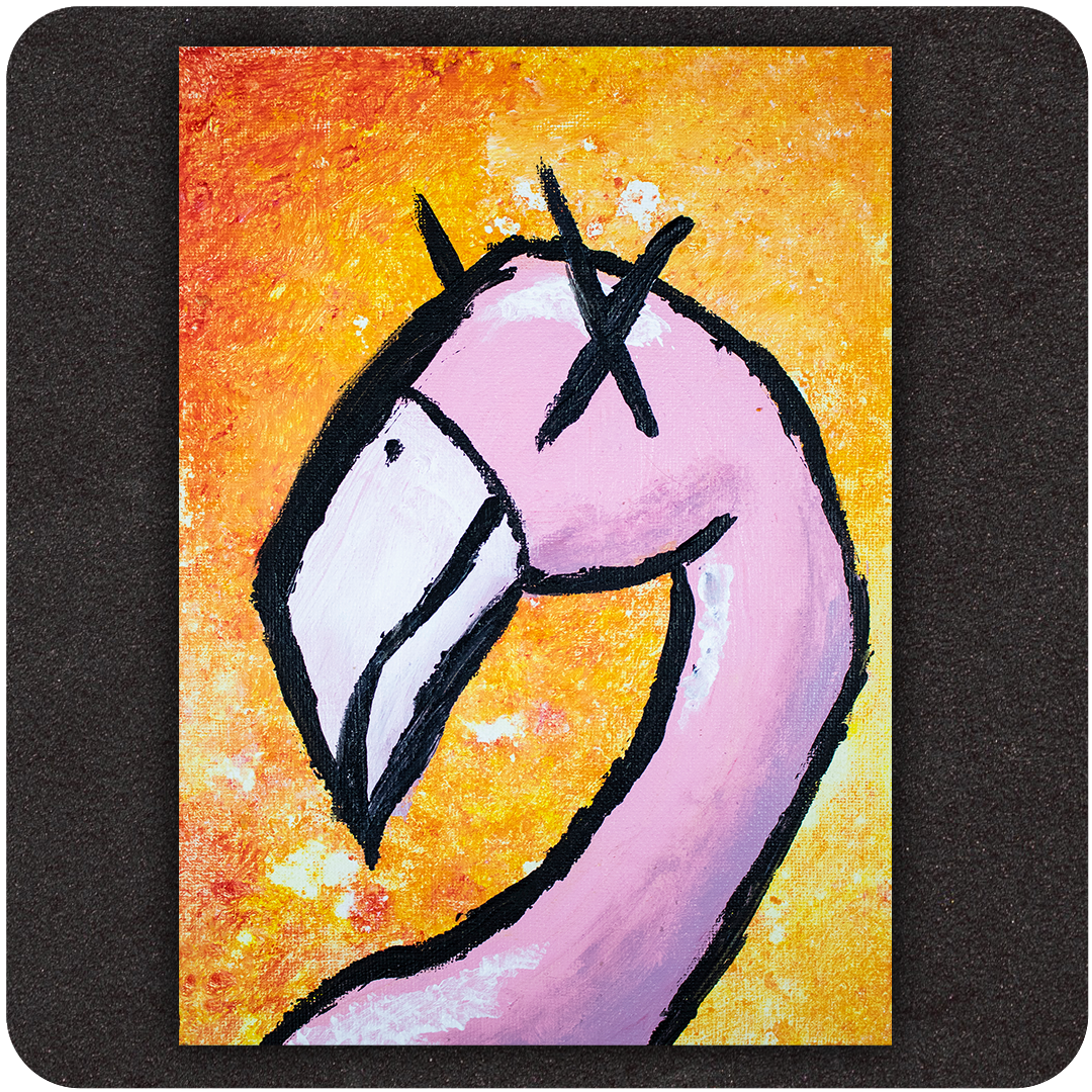 Bold pink flamingo art print with black X eyes on a textured orange and yellow background, edgy contemporary wall decor by Casual Covert