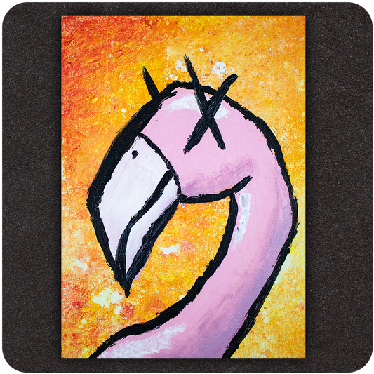 Bold pink flamingo art print with black X eyes on a textured orange and yellow background, edgy contemporary wall decor by Casual Covert