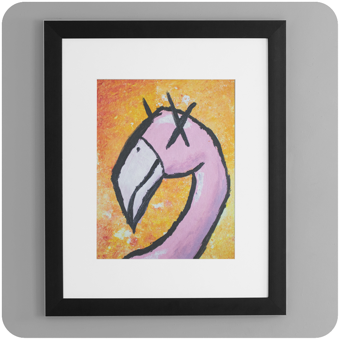 Framed 5x7 pink flamingo art print with grunge X eyes and fiery orange background, alternative pop surrealism wall art by Casual Covert