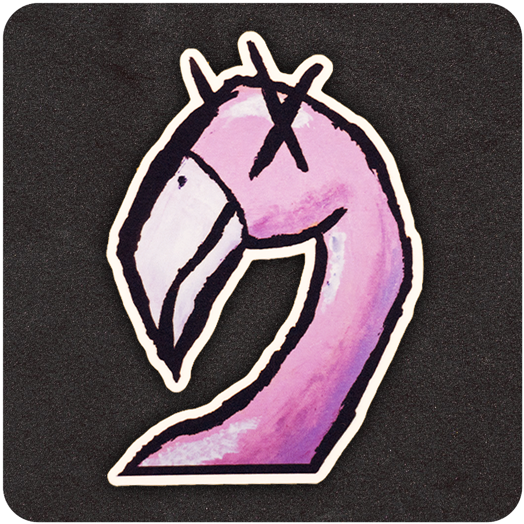 A die-cut vinyl sticker of a stylized pink flamingo with cartoonish features, including exaggerated curves and thick black outlines. The flamingo has large Xs for eyes, giving it an edgy, alternative vibe. The design is vibrant with shades of pink and purple, and it's set against a black textured background.