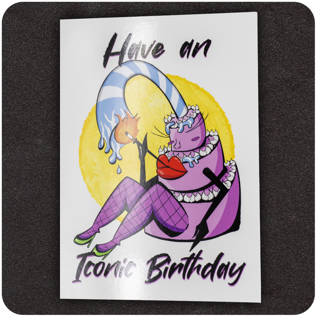 The Casual Covert Have An Iconic Birthday Card. A card with the Trashy Birthday Cake print on it with the words "have an iconic birthday."