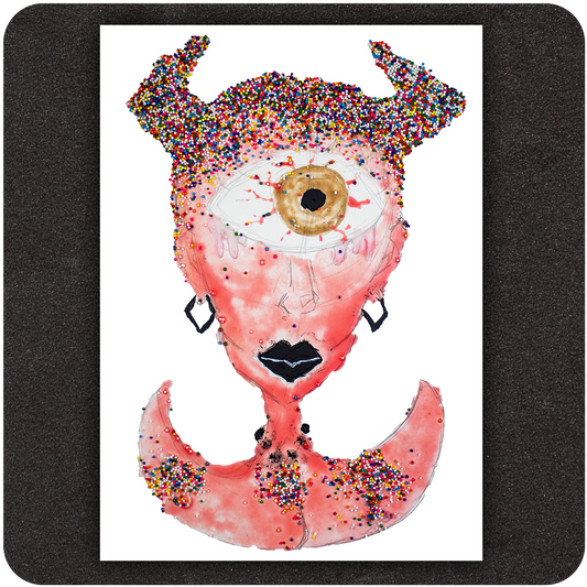 Bold and surreal mixed media art print titled "Ice Cream Bitch," featuring a single-eyed pink female cyclops with devil horns, black lips, and colorful candy-like embellishments on white background. 5x7 modern print for quirky, alternative home decor.