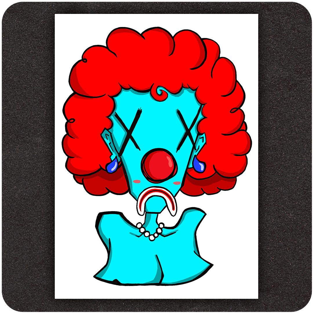 Unframed 5x7 Insane Clown Pussy art print featuring blue-skinned female clown with red hair, red nose, and X eyes on black background.