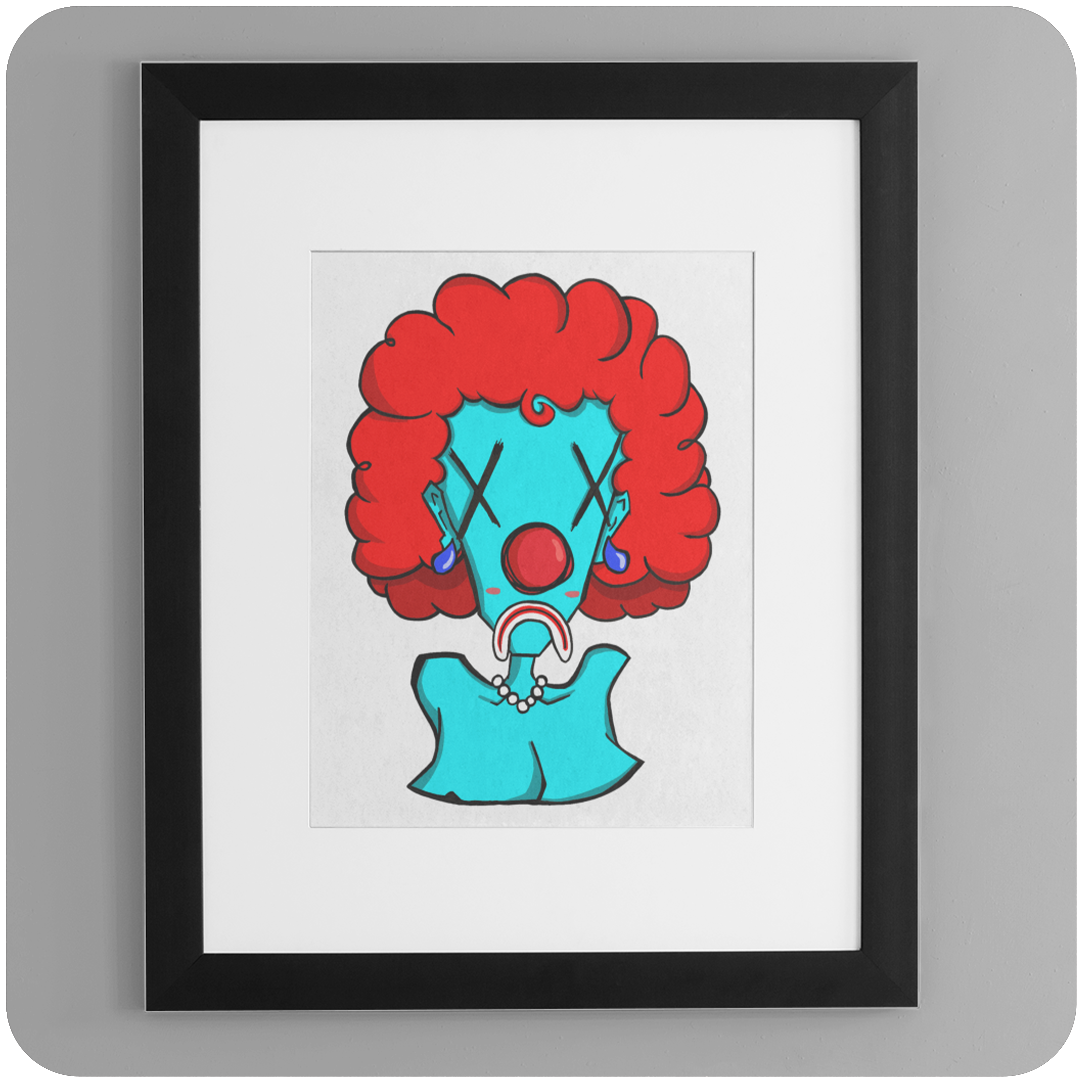 Framed 5x7 Insane Clown Pussy art print showcasing stylized blue clown woman with red curly hair, pearl necklace, and exaggerated frown.