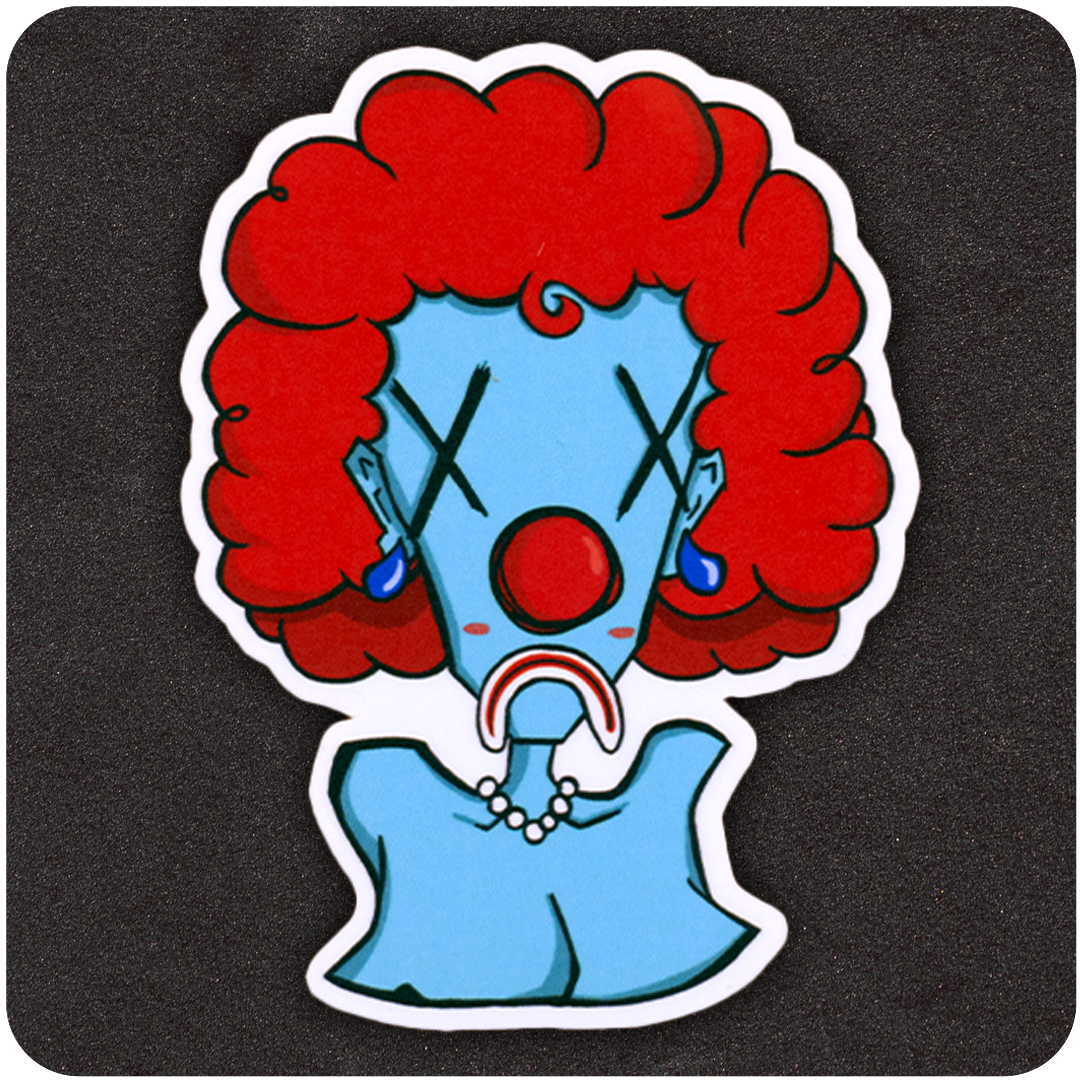 The Casual Covert Insane Clown Pussy Vinyl sticker. A sticker of a blue sad clown crying in a red wig.