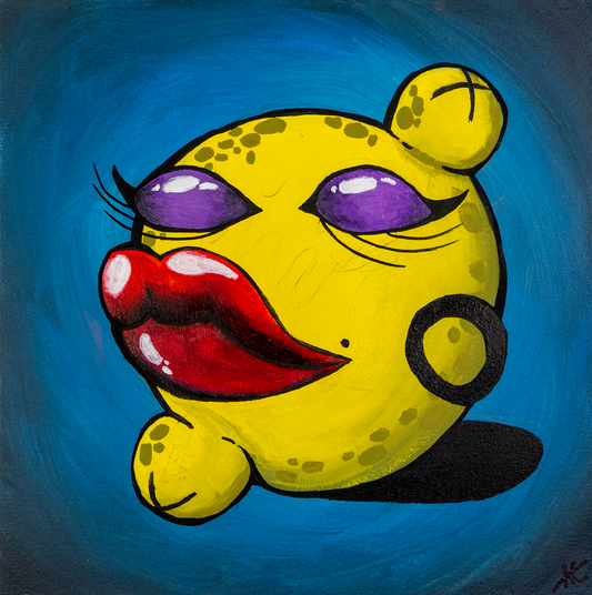 Close-up of original artwork titled βPussy Pop Lemon Dropβ featuring a sassy yellow lemon character with red lips, bold purple eyelids, hoop earring, and leopard-like spots, set against a vivid blue background.