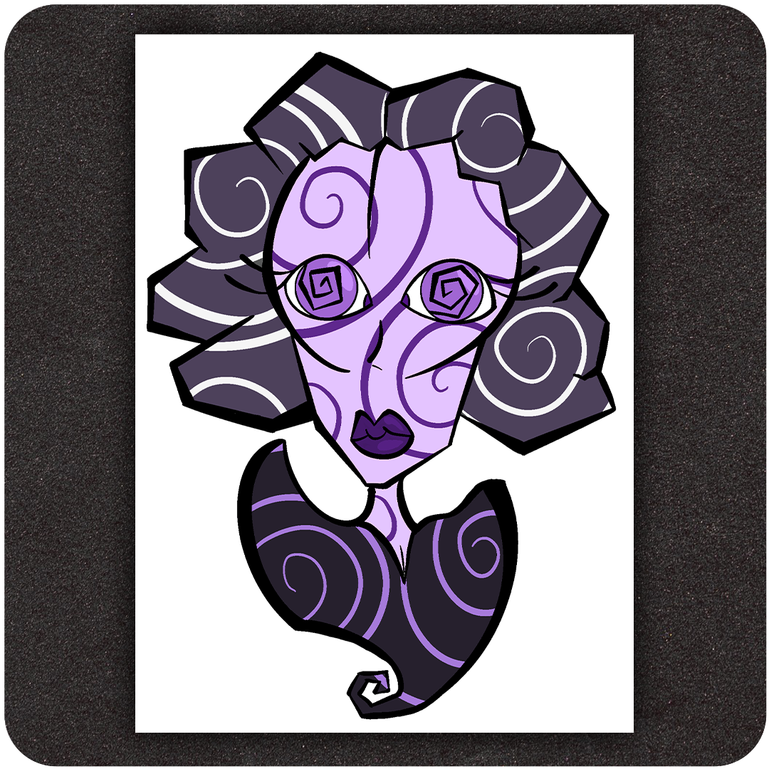 The Casual Covert Spiraling 5x7 Print. Shows a female bust with various shades of purple and spiral designs.