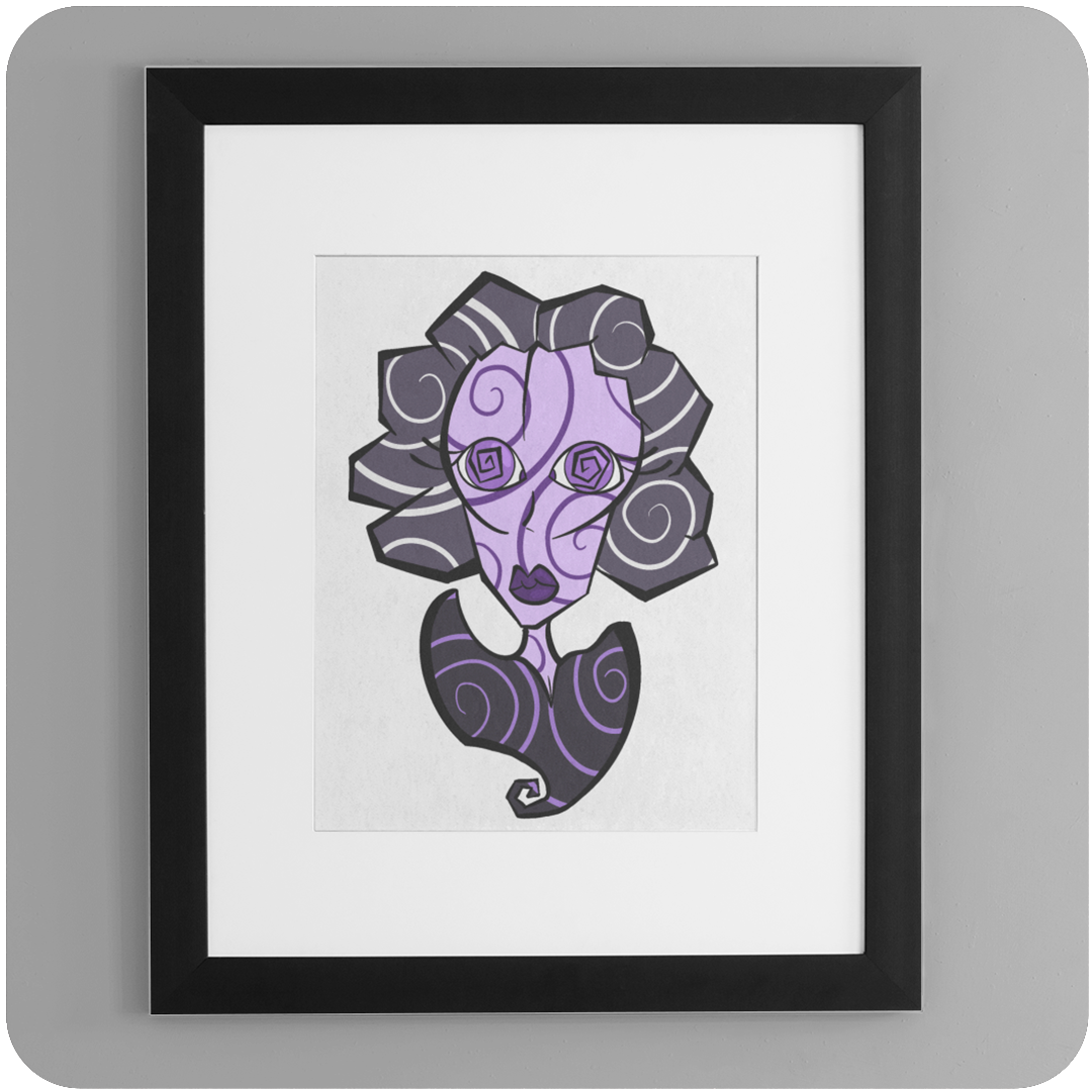 Framed art print of a stylized portrait titled "Spiraling", featuring a geometric female face with purple and black swirling patterns and spiral eyes. Displayed against a light grey wall with a black frame and white mat.