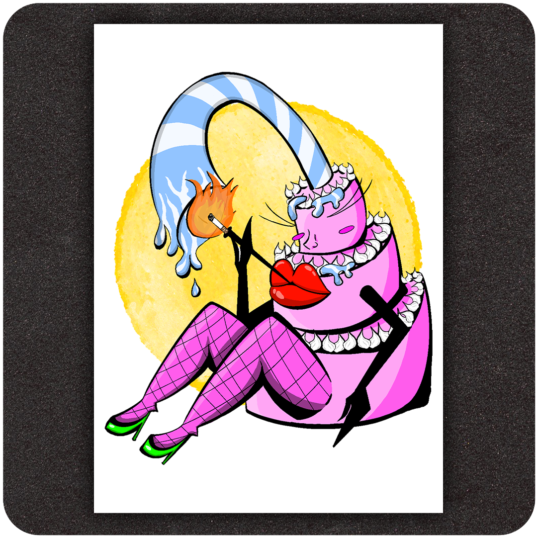 A quirky and colorful art print featuring a personified, pink birthday cake with human-like legs in fishnet stockings and green high heels. The cake has bold red lips and closed eyes with long lashes, adorned with blue and white frosting. A striped candle arches over the top, melting dramatically while igniting a flame at its tip. The background has a bright yellow watercolor circle, adding a pop of warmth and vibrancy. The artwork is displayed on a black textured surface.