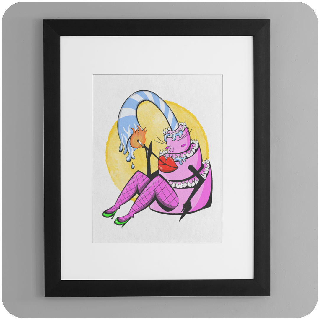 A framed art print hangs on a smooth gray wall, showcasing a bold, eccentric illustration of a pink birthday cake character with a whimsical, anthropomorphic twist. The cake figure has curvy, feminine legs in pink fishnet stockings and green heels, large red lips, and eyes closed in a sultry expression. A tall blue-and-white striped candle arches dramatically over its head, dripping wax and lighting a small flame.