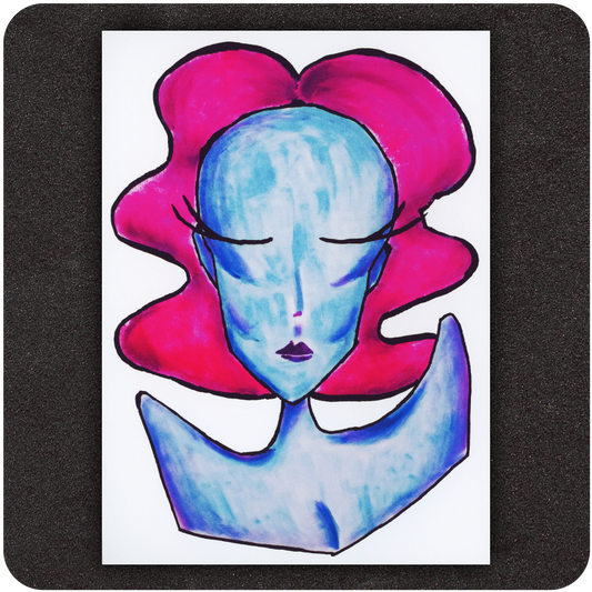 Alien Bitch 5x7 art print featuring a bold blue alien femme with hot pink hair and closed eyes, surrounded by a black matte background. Edgy cosmic artwork with strong feminine energy.