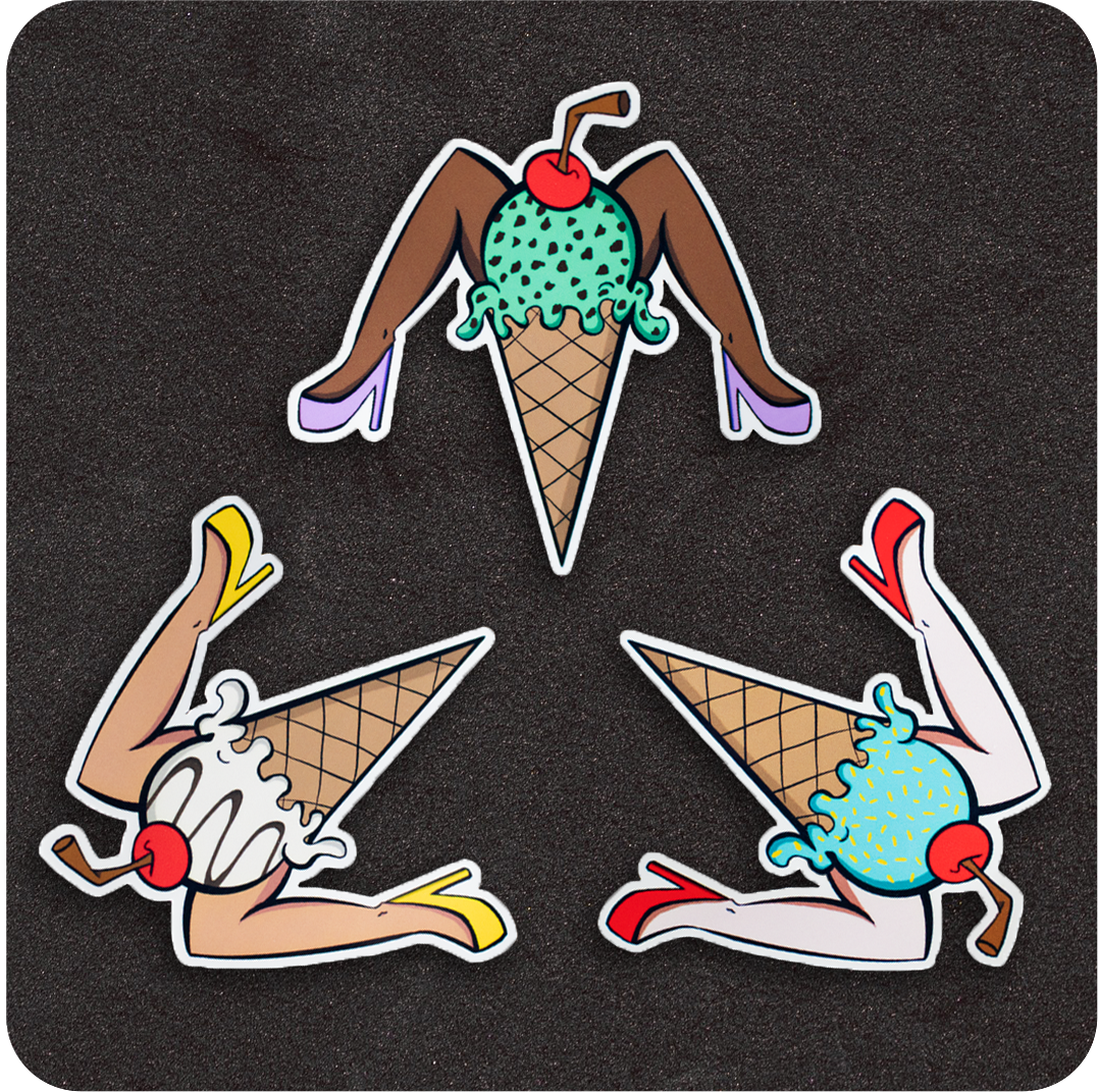 A trio of playful vinyl stickers shaped like ice cream cones with human legs in high heels. Each cone features a different ice cream flavor and skin tone: mint chocolate chip with dark brown legs in purple heels, vanilla with medium skin and yellow heels, and blue sprinkle-covered ice cream with pale legs in red heels. All have a cherry and straw on top, mimicking classic pin-up poses, arranged in a triangle on a black background.