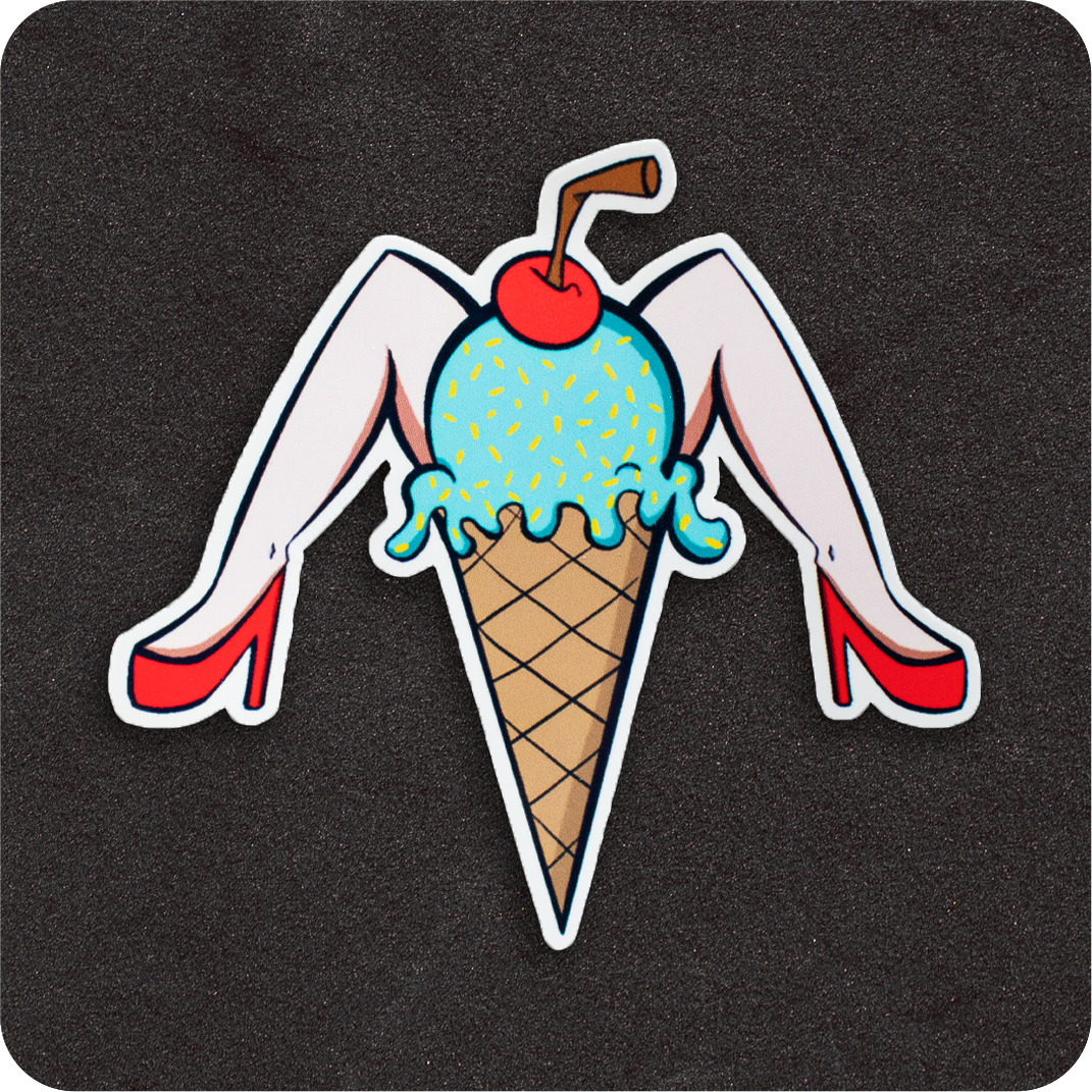 A whimsical vinyl sticker featuring a light-skinned pin-up-style ice cream cone. The scoop is blue with yellow sprinkles, topped with a red cherry and a brown straw. The cone has a pair of pale legs in red high heels extending outward in a playful, retro pose. The design sits on a black background.