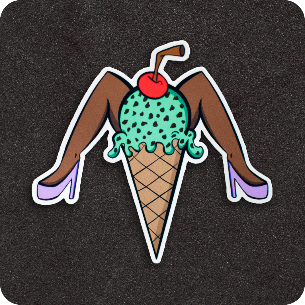 A playful vinyl sticker featuring a dark-skinned pin-up-style ice cream cone. The scoop is mint green with chocolate chips, topped with a bright red cherry and a brown straw. The cone has a pair of brown legs in lavender high heels striking a fun, cheeky pose. Displayed on a black background.
