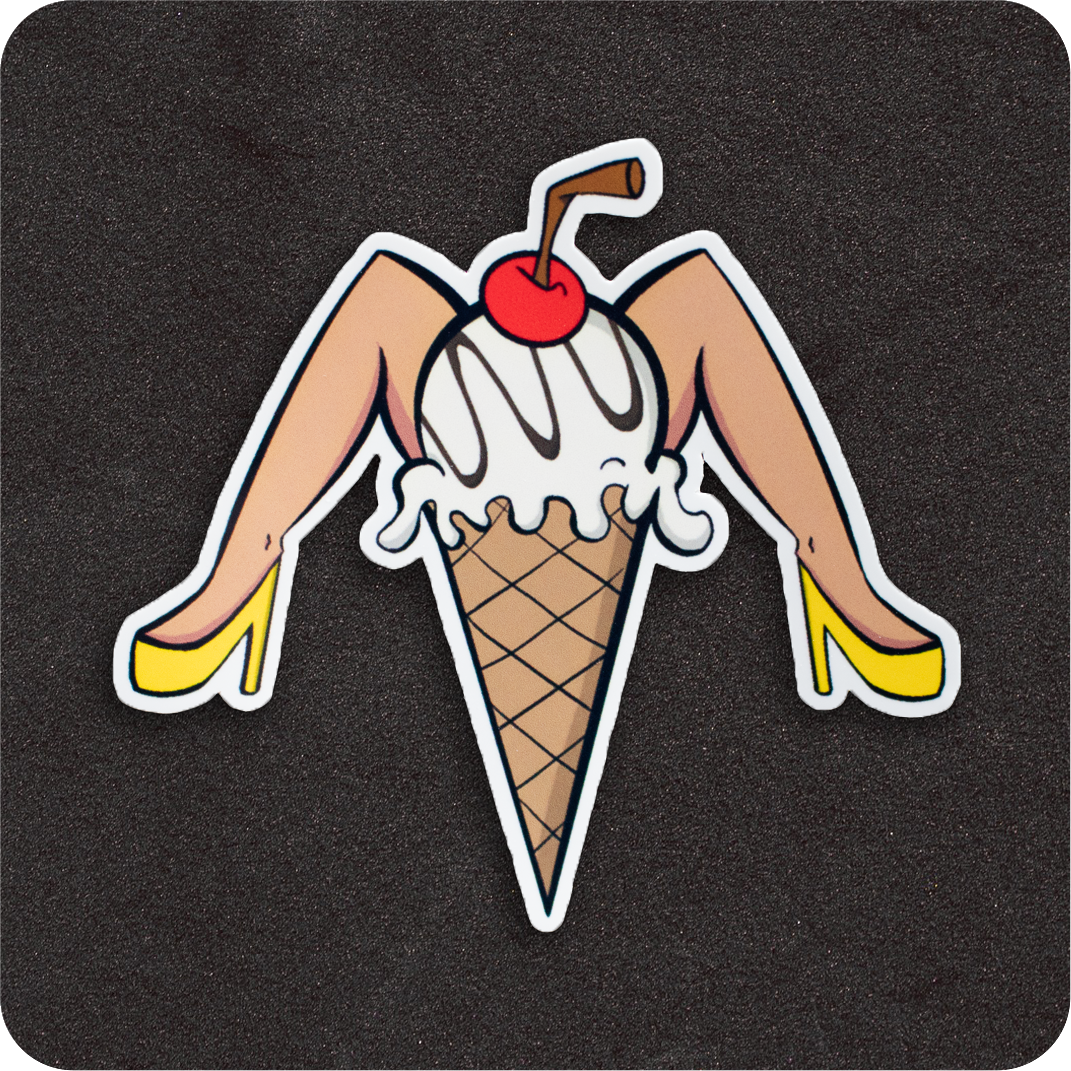 A fun, cheeky vinyl sticker featuring a pin-up-inspired ice cream cone design. The scoop is vanilla with white drizzle, topped with a bright red cherry and a brown straw. The cone has light-skinned legs in bright yellow high heels, posed playfully. Set against a black background.