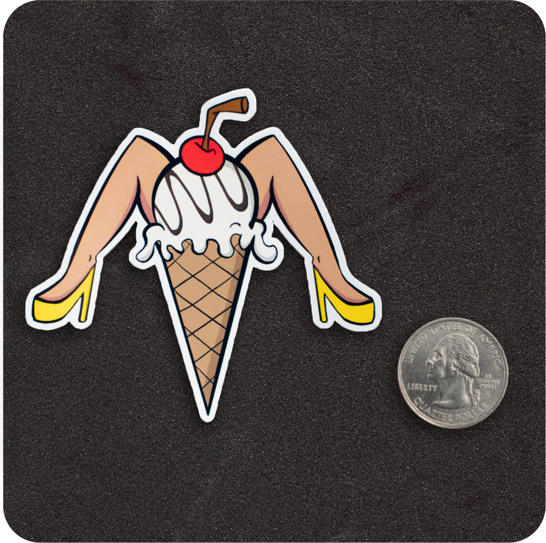 Cherry Pop GurlzA vinyl sticker of a stylized ice cream cone featuring pin-up-style legs in yellow high heels, light skin tone, and a vanilla scoop topped with white drizzle, a red cherry, and a brown straw. Placed on a black background next to a U.S. quarter to show scale. Sticker Pack shown next to a quarter for scale.