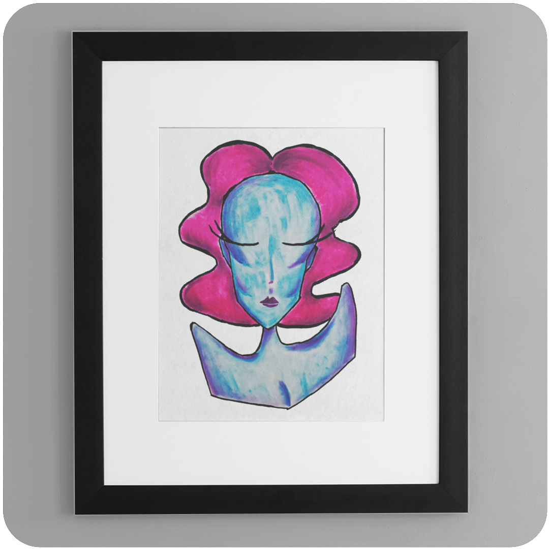 View of the vibrant and colorful Alien Bitch Print, showcasing it framed in someone's home.