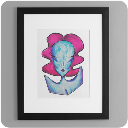 Framed Alien Bitch 5x7 art print on wall display, showcasing a vibrant blue alien figure with magenta hair in a modern black frame. Colorful, surreal feminist art print for home or gallery decor.