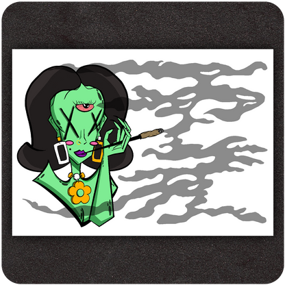 A bold, cartoon-style art print featuring a green-skinned, three-eyed woman with large black hair, dramatic makeup, and X-ed out eyes. She wears oversized geometric earrings and a flower necklace while holding a lit joint. Wisps of gray smoke swirl across the background, adding a surreal, psychedelic vibe.