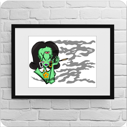 A framed art print displayed against a white brick wall, featuring a green-skinned, three-eyed woman with voluminous black hair and exaggerated features. She holds a lit joint with smoke swirling around her. Her bold accessories include chunky earrings and a bright flower necklace, evoking a retro-futuristic and psychedelic style.