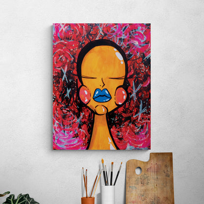 The Casual Covert Original Blacklight Babe (2024) hanging in a studio space.