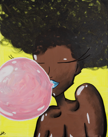 Close-up of the original painting titled “Blow My Pussy,” featuring a stylized Black woman with an afro hairstyle, glossy blue lips, and a large pink bubblegum bubble, set against a bold yellow background.