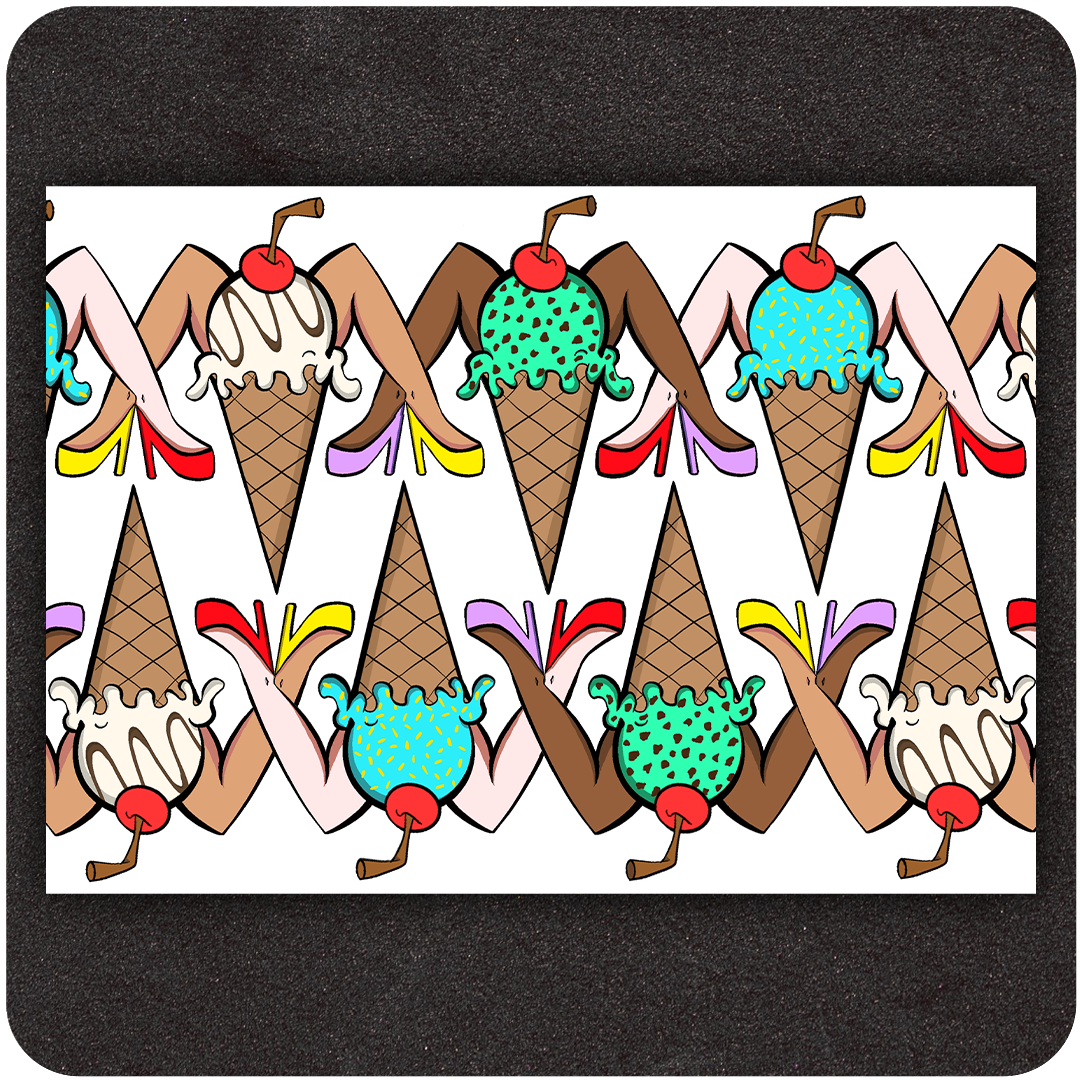 The Casual Covert Cherry Pop Gurlz 5x7 print. Shows off a diverse group of ice cream cones with legs creating a pattern. 