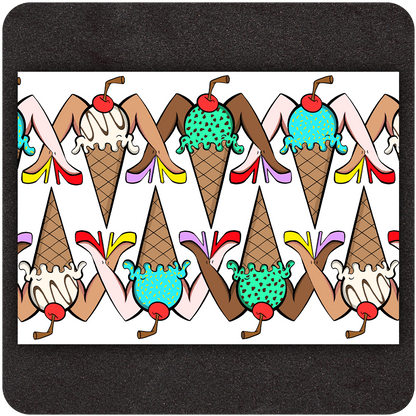 Colorful art print featuring a repeating pattern of stylized ice cream cones with human legs in high heels, designed to resemble pin-up girls. The scoops are topped with whipped cream, sprinkles, and cherries, each cone showcasing different skin tones, ice cream flavors, and shoe colors. Displayed against a white background with a dark textured mat underneath.