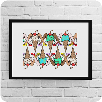 Framed art print displayed on a white brick wall, featuring a vibrant, repeating pattern of stylized ice cream cones with human legs in colorful high heels. Each cone is topped with different scoops of ice cream, sprinkles, whipped cream, and cherries, with diverse skin tones and fun, playful colors.