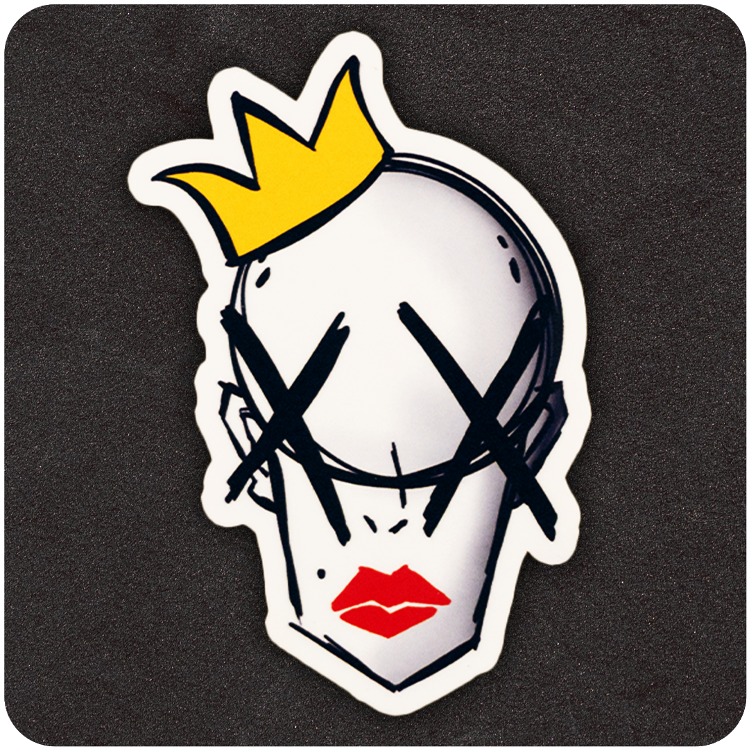 The Casual Covert Crown Bitch vinyl sticker. Showcases a white figure with Xed out eyes, red lips, and an iconic crown.