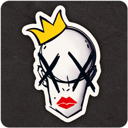A die-cut vinyl sticker featuring a bold, stylized illustration of a bald head with dramatic red lips and two large black Xs over the eyes. A bright yellow crown sits tilted atop the head, adding a rebellious royal flair. The image has thick black outlines and is set against a dark background, making the vibrant colors pop and the edgy design stand out.