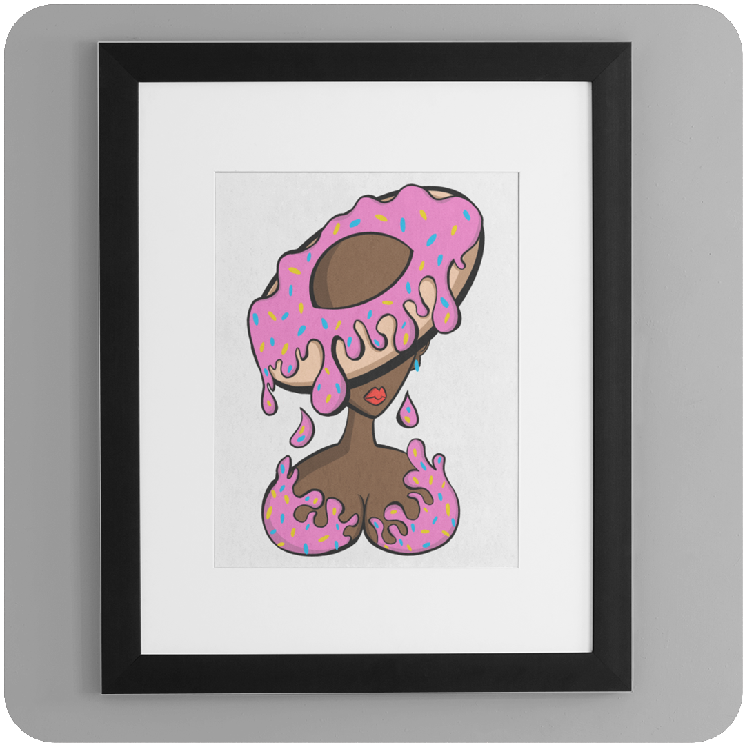 The Casual Covert DoughNUT Lady 5x7 print in a frame.