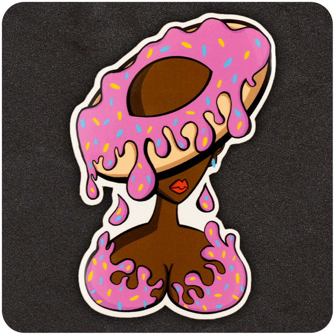The Casual Covert DoughNUT Lady vinyl sticker. Showing a woman with a doughnut on her head that is dripping icing on her body.