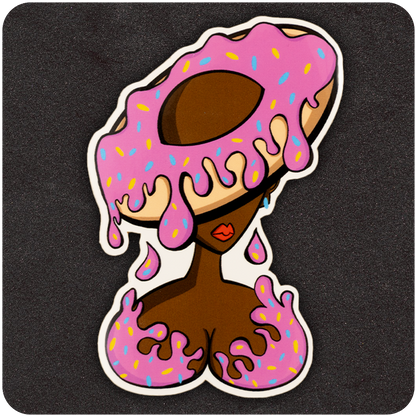 A vinyl sticker depicting a stylized woman with brown skin whose head and chest are partially covered in dripping pink frosting and rainbow sprinkles. Her head is shaped like a doughnut with a large hole in the center, and the frosting appears to melt over her face and body. The background is a dark textured surface.