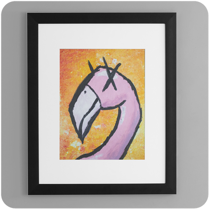 Framed 5x7 pink flamingo art print with grunge X eyes and fiery orange background, alternative pop surrealism wall art by Casual Covert