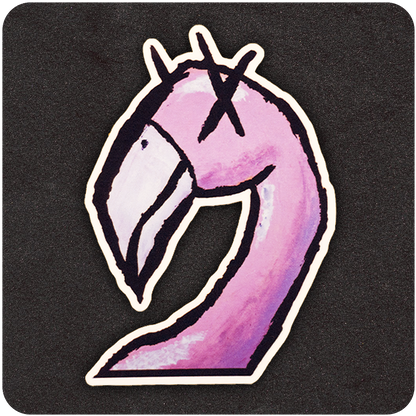 A die-cut vinyl sticker of a stylized pink flamingo with cartoonish features, including exaggerated curves and thick black outlines. The flamingo has large Xs for eyes, giving it an edgy, alternative vibe. The design is vibrant with shades of pink and purple, and it's set against a black textured background.