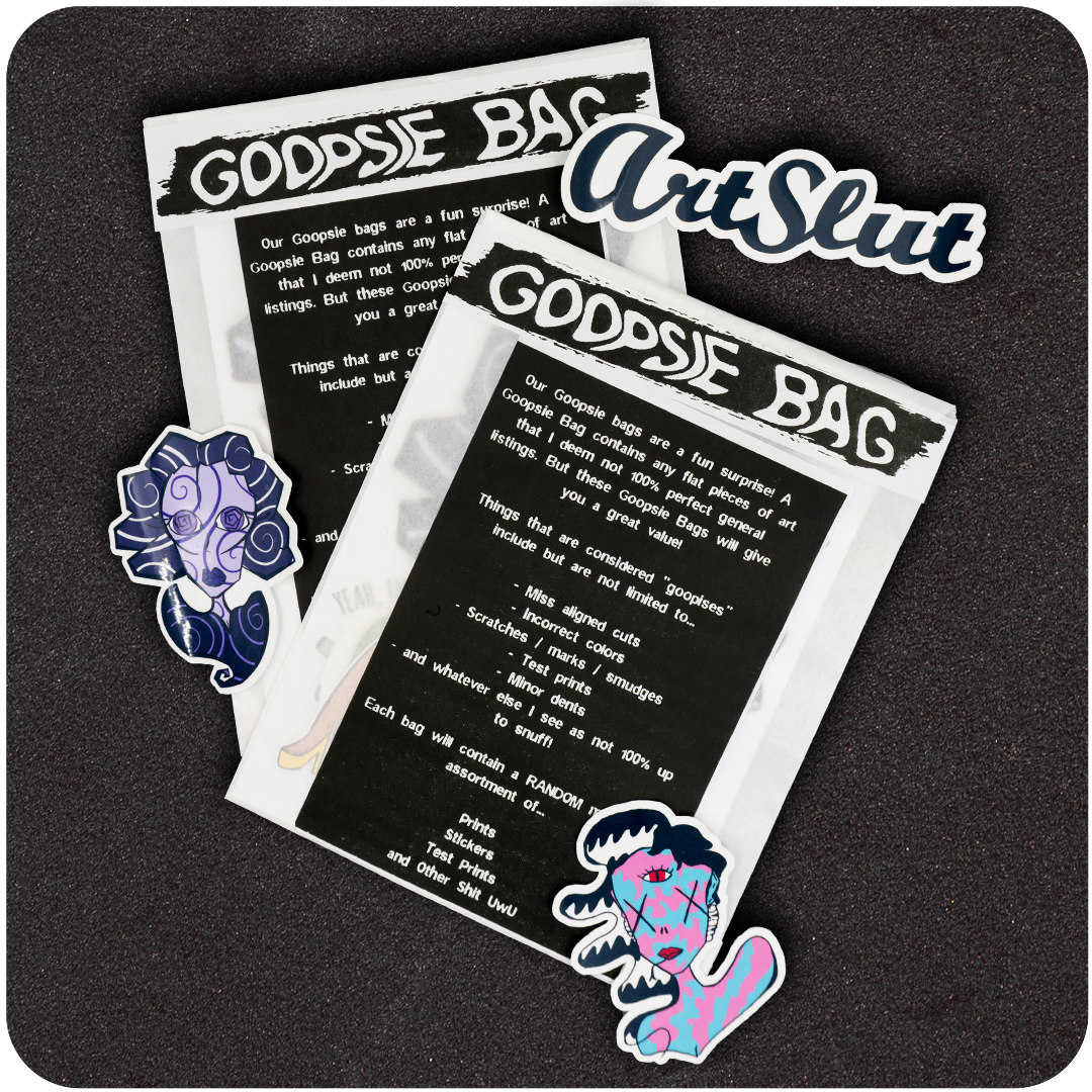 The Casual Covert Goopsie Bags. Shows what the mystery bags look like and some items that could be found in them like stickers.