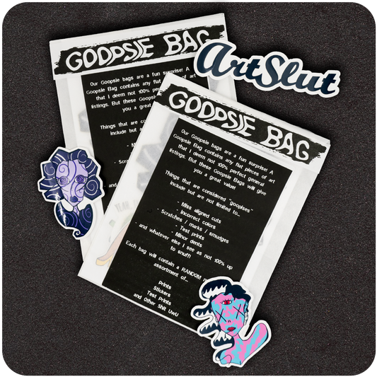 The Casual Covert Goopsie Bags. Shows what the mystery bags look like and some items that could be found in them like stickers.