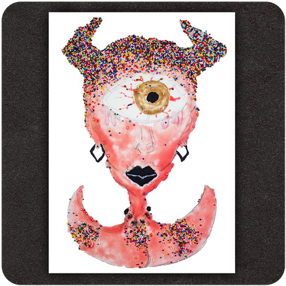 Bold and surreal mixed media art print titled "Ice Cream Bitch," featuring a single-eyed pink female cyclops with devil horns, black lips, and colorful candy-like embellishments on white background. 5x7 modern print for quirky, alternative home decor.