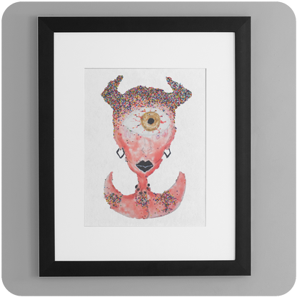 Framed 5x7 art print of "Ice Cream Bitch," a surreal female cyclops with horns and confetti-textured details, displayed on a gray wall. Perfect for colorful, edgy gallery walls or alternative home aesthetics.