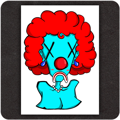 Unframed 5x7 Insane Clown Pussy art print featuring blue-skinned female clown with red hair, red nose, and X eyes on black background.